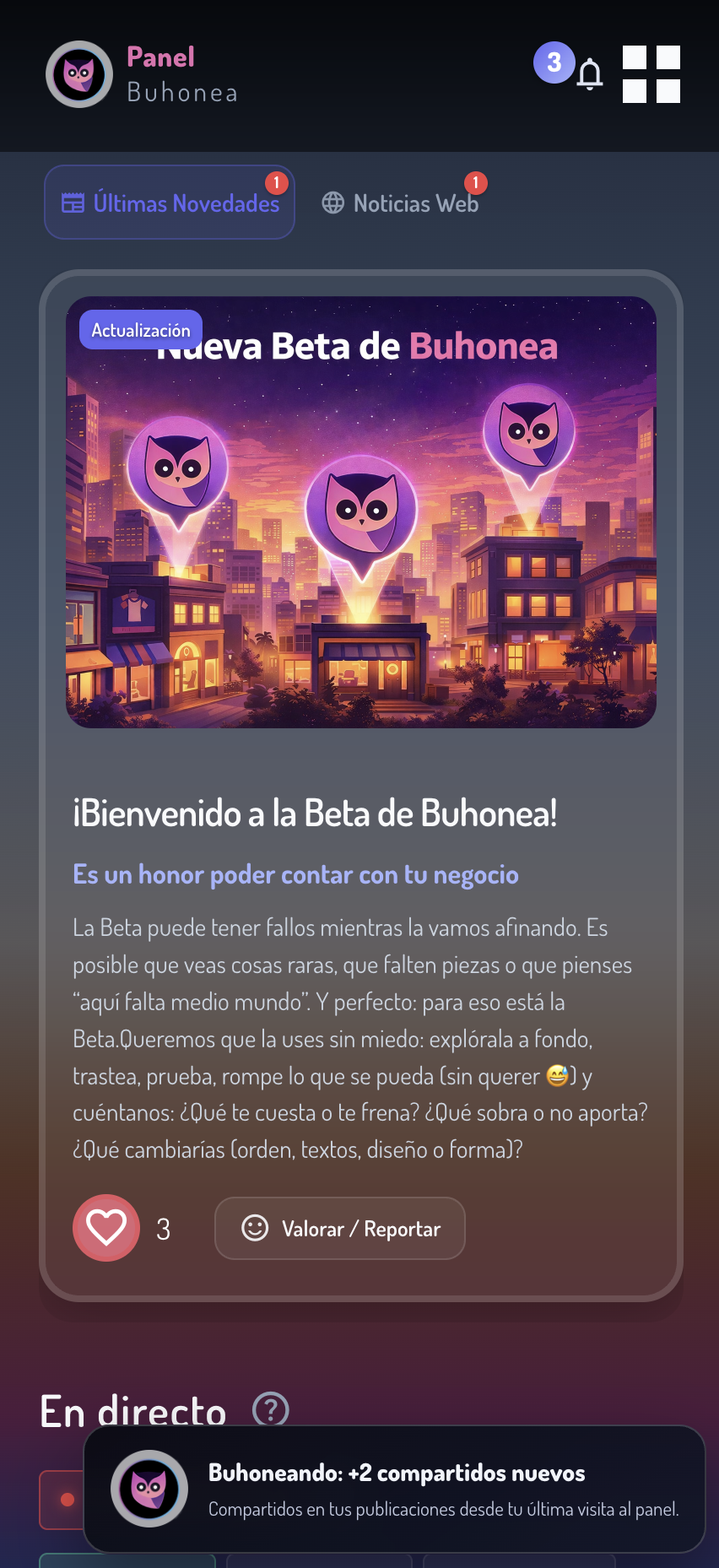 Panel del negocio — el mostrador de atrás